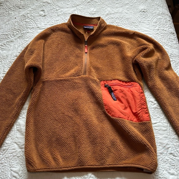 Patagonia Sweaters - Patagonia Men's Rust Brown Quarter-Zip Fleece with Orange Pocket